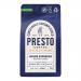 Six matte-black bags of Presto Coffee Roasters House Espresso ground coffee stand in two neat rows against a neutral backdrop. Each 200g pouch displays a minimalist white logo and label, a resealable top, and a subtle brown coffee-bean graphic near the base. Soft studio lighting creates soft shadows
