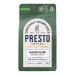 Six compact 200g matte black bags stand in two rows, each labeled Presto Coffee Roasters House Filter Ground Coffee in white serif text. A subtle coffee-bean illustration and gold accents frame a central logo. Clean white background, soft shadows, resealable tops visible. Warm tone highlights grain.