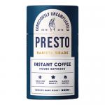 A photo shows six 90g jars of Presto Coffee Roasters House Espresso instant coffee arranged in two rows, their black lids and warm brown labels with the Presto logo visible. Condensed granules hint through clear glass, set against a neutral kitchen countertop backdrop. Soft light reveals jar texture