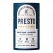 A photo shows six 90g jars of Presto Coffee Roasters House Espresso instant coffee arranged in two rows, their black lids and warm brown labels with the Presto logo visible. Condensed granules hint through clear glass, set against a neutral kitchen countertop backdrop. Soft light reveals jar texture