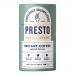 Several matte white jars of Presto Coffee Roasters House Decaf Instant Coffee sit grouped on a neutral surface. Simple black labels feature bold Presto text and a stylized coffee icon. Warm light creates soft shadows and highlights the powdery texture of the granules. A small spoon lies just nearby.