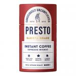 A studio photo shows six identical 90g Presto Coffee Roasters Espresso Intenso jars arranged in two neat rows. Each clear glass jar has a dark screw lid and a bold label with the brand name and product title. The group sits on a neutral background with soft lighting Shadows fall gently beneath them