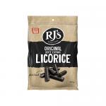 A glossy, rectangular 300g packet labeled RJ’s Natural Soft Eating Licorice sits upright, showcasing black, twisted licorice pieces through a clear window. The blue-and-white branding, nutrition text and a simple logo frame the confectionery against a plain background. Soft sheen and faint creasing.