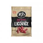 A row of twelve glossy raspberry-red licorice packs sits against a white background. Each 300g pouch displays the RJ’s logo, vibrant raspberry imagery and clear product name. The candy inside looks soft and twisty, its texture and color visible through a small transparent window. Soft glossy sheens.