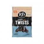 A glossy pouch labeled RJ’s Licorice Confectionery shows the product name and 280g weight; the front depicts dark chocolate-coated twisted licorice spilling across a rich brown background, with a prominent brand logo, cocoa accents, and a clear panel revealing the twists inside. Glossy sheen accents