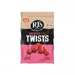 A brightly colored pack shows glossy raspberry-red and dark-chocolate twisted licorice spilling from an opened red-and-brown bag. Each spiral twist reveals a shiny surface, visible raspberry specks and the bold RJ’s Licorice logo on the wrapper.