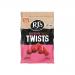 A brightly colored pack shows glossy raspberry-red and dark-chocolate twisted licorice spilling from an opened red-and-brown bag. Each spiral twist reveals a shiny surface, visible raspberry specks and the bold RJ’s Licorice logo on the wrapper.