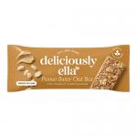 A rectangular box shows sixteen individually wrapped peanut butter oat bars. Each wrapper displays the Deliciously Ella logo alongside peanut and oat illustrations, warm beige tones and green accents. The open box reveals neatly arranged bars in two even rows.