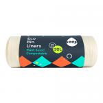 Photograph shows a pack of ten medium, compostable bin liners in clear green-tinted plastic wrap. The branded carton displays 'Seep Living' logo, capacity marking and eco icons. Rolled liners peek from the open end, arranged against a plain white background. Soft folds and subtle texture are visible