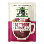 A brightly colored pouch displays Thai Beetroot & Coconut Soup branding over a vivid magenta-red beetroot background, with creamy coconut swirls and Thai herb illustrations. Nutritional icons, company logo and an ingredients panel appear alongside preparation symbols and a small product image. Shot.