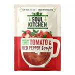 Photo shows a compact 25g Soul Kitchen packet labelled Mexican Tomato & Red Pepper among twelve aligned grocery packs. Vivid red-orange spice is visible through a small clear window; bold red and white label typography and simple product details sit on a neat, modern pack. Subtle shadows lend depth.