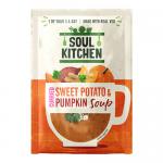 Vibrant retail pack of Soul Kitchen Curried Sweet Potato & Pumpkin shows bright orange and pumpkin-gold tones with photographic images of sliced sweet potato and pumpkin. The bold Soul Kitchen logo tops a textured curry-spice background; visible markings indicate 25g and a 12-pack.