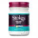 Photo shows a clear glass jar of Stokes Tartare Sauce with a white lid and pale cream sauce speckled with green herbs. The front label features the Stokes logo and product name on a navy band; nutritional text and an ingredients panel appear on the sides.