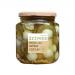 Six 550g clear glass jars sit in a neat row, each filled with golden-orange bread-and-butter pickle slices and translucent onion rings suspended in brine with visible mustard seeds and red pepper flakes. Each jar displays a colorful Drivers label and a metal screw-top lid.
