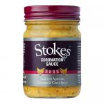Six clear glass jars of Stokes Coronation Sauce sit grouped together. Pale orange, creamy sauce fills each jar beneath metal twist-off lids; white labels display the Stokes logo and product name with simple typography.