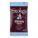 Photo shows a neat stack of 80 Stokes Real Brown Sauce 32g sachets. Each rectangular sachet features the Stokes logo, brown sauce imagery and white text on a red-accented label against a plain background.