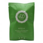 A cluster of ten individually wrapped SweetDoughThings apple-flavour, sugar-free candy floss packets sits against a plain background. Pale green, cloudlike strands show through clear wrappers; each pack bears a green apple illustration, brand logo and small weight text. Soft edges catch light, gloss