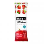 Flat-lay image shows a rectangular carton of That's It Apple + Strawberry 35g bars beside several individually wrapped bars. Each wrapper features a bold black That's It logo, vivid red strawberry and green apple illustrations on a clean white background with brief product text. Minimal shadows. HDR