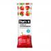 Flat-lay image shows a rectangular carton of That's It Apple + Strawberry 35g bars beside several individually wrapped bars. Each wrapper features a bold black That's It logo, vivid red strawberry and green apple illustrations on a clean white background with brief product text. Minimal shadows. HDR