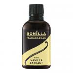 A small glass bottle of Bonilla Madagascan Vanilla Extract stands front-center, dark amber liquid visible against a white background. Eight whole Madagascan vanilla pods lie fanned beside it among scattered dried ingredients—brown seeds, curled husks and speckled fragments. Soft diffuse shadows fall