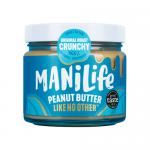 Six identical ManiLife Original Roast Crunchy Peanut Butter jars sit in a neat row. Clear glass jars reveal golden-brown, chunky peanut spread with visible peanut pieces. Each jar displays a colorful label and matching screw-top lid on a neutral background.