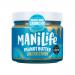 Six identical ManiLife Original Roast Crunchy Peanut Butter jars sit in a neat row. Clear glass jars reveal golden-brown, chunky peanut spread with visible peanut pieces. Each jar displays a colorful label and matching screw-top lid on a neutral background.