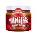 A row of six glass jars with metal lids displays ManiLife Deep Roast Crunchy Peanut Butter. Creamy-brown spread with visible peanut pieces fills each jar. Labels feature warm brown and cream tones, brand name and product text, and a simple graphic of peanuts. Soft light glints on the lids and glass.