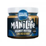 A cluster of six identical 275g jars of ManiLife Original Roast Smooth peanut butter sits on a plain surface. Each clear jar reveals creamy light-brown spread with a glossy, even surface; yellow-green labels wrap around with simple brand text and small nut imagery. Shiny highlights glint across jars