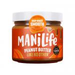 A photo shows six 275g jars of ManiLife Deep Roast Smooth peanut butter arranged in two rows, glossy brown spread visible through clear jars, metal lids gleam, branded labels in warm colors, text and logo appear, jars rest on a neutral surface under soft studio lighting. A narrow band of highlights.