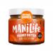 A photo shows six 275g jars of ManiLife Deep Roast Smooth peanut butter arranged in two rows, glossy brown spread visible through clear jars, metal lids gleam, branded labels in warm colors, text and logo appear, jars rest on a neutral surface under soft studio lighting. A narrow band of highlights.