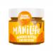 Eight ManiLife Smooth Almond Butter jars (160g) line up against a neutral background. Each clear glass jar shows rich, glossy beige almond butter; minimalist white labels feature the ManiLife logo. A wooden spoon with a smear of creamy spread rests before the row, and scattered almonds add textures.