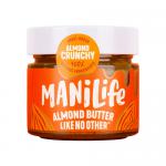 A row of eight ManiLife Crunchy Almond Butter jars sits on a neutral surface. Each clear jar reveals textured, golden-brown almond butter with visible nut fragments. White lids and cream labels display the ManiLife name with green and brown accents. Soft shadows ground the group. soft tan backdrop.