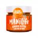 A row of eight ManiLife Crunchy Almond Butter jars sits on a neutral surface. Each clear jar reveals textured, golden-brown almond butter with visible nut fragments. White lids and cream labels display the ManiLife name with green and brown accents. Soft shadows ground the group. soft tan backdrop.