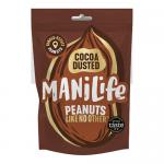 The image shows ManiLife Cocoa Dusted Peanuts packaging: a neat cluster of eight 75g bags arranged beside a larger branded box. Cocoa-dusted peanuts spill onto a wooden surface, their chocolate powder visible, with brand colors and Fruit, Nuts & Seeds labeling clear on each packet. Soft light, warm