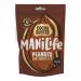 The image shows ManiLife Cocoa Dusted Peanuts packaging: a neat cluster of eight 75g bags arranged beside a larger branded box. Cocoa-dusted peanuts spill onto a wooden surface, their chocolate powder visible, with brand colors and Fruit, Nuts & Seeds labeling clear on each packet. Soft light, warm