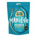 Eight 75g ManiLife Deep Roasted Peanuts packets sit grouped on a clean white surface. Each glossy bag displays the ManiLife logo, the product name, a vivid close-up image of roasted peanuts, nutritional icons for fruit, nuts & seeds, and a small transparent window revealing the peanuts inside. Front