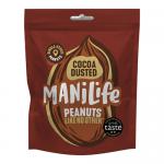 A small display of ManiLife Fruit, Nuts & Seeds 25g packets and a box bearing the ManiLife logo sits on a plain surface. Cocoa-dusted peanuts spill in a heap before the packaging, their dark powdery coating visible against a light background.