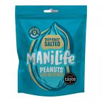 Photo shows several 25g ManiLife Deep Roasted Peanuts packets and an open ManiLife Fruit, Nuts & Seeds box. Dark, roasted peanuts spill from a torn sachet onto the table beside stacked pouches, with visible brand logos and clean, minimal packaging artwork.