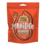 Bright green and red snack pouch labeled ManiLife Chilli & Lime Peanuts sits against a white background. The pack shows chili and lime illustrations, peanuts spilling beside the packet, and a clear logo with product name and nutritional icons, twelve packs stacked behind. Lighting is bright.
