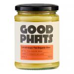 Six clear jars of golden ghee sit in two rows of three against a white background. Each jar bears a green-and-white Good Phats label stating Organic British Grass-Fed Ghee. Metal lids reflect light; smooth butter-like texture shows through the glass. Soft studio lighting casts subtle highlights, warm