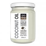 Six identical 500ml bottles of Cocofina Organic Virgin Coconut Oil stand in a neat group, each showing a white label with green accents and coconut imagery. Clear oil glows inside the transparent bottles. A plain white background and soft lighting emphasize the clean presentation. Subtle reflections