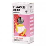 A compact carton displays six individually wrapped sachets arranged in a tray, each with vivid tropical colors and detailed botanical illustrations of flowers and fruit. The bold brand name appears on a white band beside weight details and small pictograms on matte packaging.
