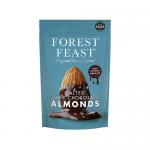 A 120g Forest Feast Sea Salted Dark Chocolate Almonds pack sits against a plain background. Brown and cream packaging shows illustrated almonds, dark chocolate pieces and salt crystals, plus a transparent window exposing glossy chocolate-coated almonds clustered with a few almond tips visible Close