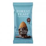 Image shows twelve slim 40g pouches of Forest Feast Salted Dark Chocolate Almonds arranged in a grid. Each pouch displays the brand logo, dark-chocolate imagery, glossy almonds sprinkled with salt flakes, and natural green leaf accents against a white background.