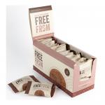 An open rectangular carton displays 24 individually wrapped 30g chocolate brownie minis, arranged in neat rows. Each wrapper shows the Maclean’s and Highland Bakery names with a 'Free From' label. Rich dark brownies peek through imagery on the box. Soft highlights glint on glossy wrappers. Close-up.