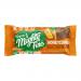 A single Mighty Fine Vegan Salted Caramel Mylk chocolate bar sits angled on a pale surface. Bright turquoise and cream wrapper displays bold brand lettering, caramel-drip illustration and vegan icon. Glossy film catches light, casting soft shadow and emphasizing texture.