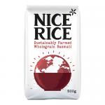 Front-facing 500g Nice Rice Wholegrain Basmati bag shows a clean grocery package with the Nice Rice logo, bold product name and a clear window revealing light-brown basmati grains. Simple nutrition icons, weight label and ingredient text appear on a white and green backdrop soft studio lighting hdr