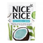 The photo shows six upright 250g pouches of Nice Rice Coconut & Lemongrass Basmati Rice arranged in a neat row. Each glossy pouch features the Nice Rice logo, coconut and lemongrass illustrations, clear product name and weight, with studio lighting and a plain neutral background. Soft shadows fall