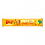 Bright rectangular box of Pip Organic Pipstic Mango & Pineapple fruit bars stands upright, showing yellow-orange branding and a small red crab logo. Individual 18 g wrappers show stylised mango and pineapple illustrations, organic marks and clear product name. Soft studio lighting and subtle texture