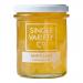 Six clear glass jars of Single Variety Co Tahiti Lime Marmalade sit in a neat row, each 225g jar revealing pale green-yellow preserves studded with fine citrus peel. Simple white labels and silver lids catch soft light, while glossy marmalade texture and tiny bubbles show through. On a wooden board.